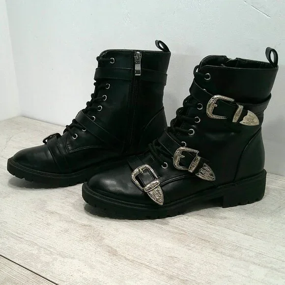 Dolls Kill Combat Moto Lace up Black Boots with Silver Buckle Strap Size 6 - Picture 4 of 13